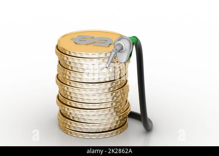 Gaspumpe mit Dollarmünzen Stockfoto