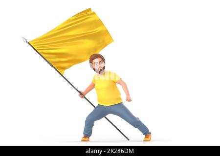 Mann hält stolz die winkende gelbe Flagge. Isoliert auf weißem Hintergrund. 3D Rendering Stockfoto