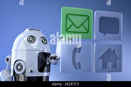 Roboter berührt virtuelle mobile Symbole Stockfoto