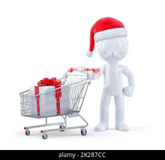 Süßer 3D-weihnachtsmann mit Einkaufswagen und weihnachtsgeschenk Stockfoto