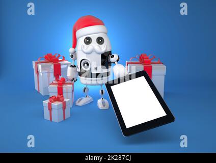 Der Roboter-Weihnachtsmann zeigt einen Tablet-Computer mit leerem Bildschirm Stockfoto