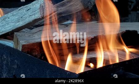 Flammentanz, Barbecue am offenen Feuer. Feuer im Grill mit brennendem Holz. Bereiten Sie Holzkohle vor, bevor Sie Fleisch oder Fisch im Freien grillen. Flamme im Kamin. Grillvorbereitung Stockfoto