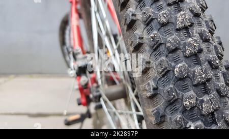 Nahaufnahme des hinteren Fahrrades eines geparkten roten Mountainbikes. Rückansicht, alte Radstruktur im Vintage-Stil. Stockfoto