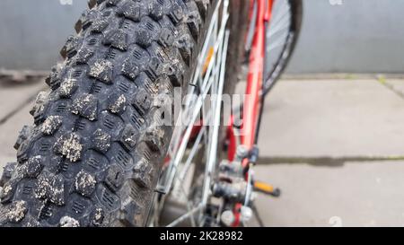 Nahaufnahme des hinteren Fahrrades eines geparkten roten Mountainbikes. Rückansicht, alte Radstruktur im Vintage-Stil. Stockfoto