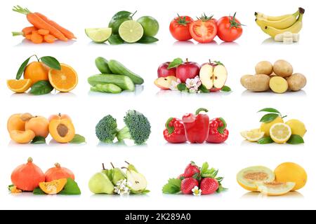 Obst Gemüse Sammlung isolierte Apfel Äpfel Orangen Erdbeeren Tomaten Bananen Farben frisches Obst Stockfoto