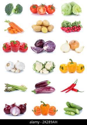 Sammlung von Gemüsekarotten Tomaten Zwiebeln Paprika Salat Gemüsenahrung isoliert Stockfoto