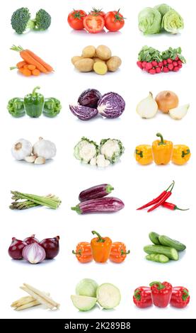 Sammlung von Gemüsekarotten Tomaten Zwiebeln Kartoffeln Paprika Salat Gemüsenahrung isoliert Stockfoto