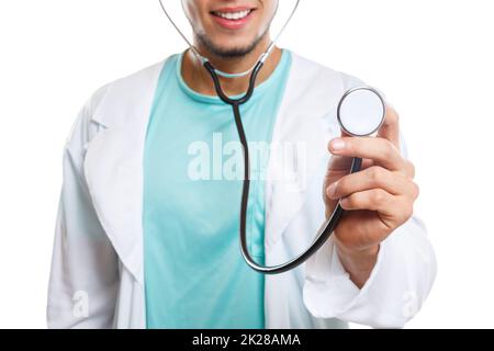 Arzt mit Stethoskop Herz Atmung Check Krankheit Symbol Bild isoliert auf weiß Stockfoto