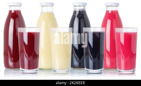 Sammlung frischer FruchtSmoothies Fruchtsaftgetränk in Glas und Flasche isoliert auf Weiß Stockfoto