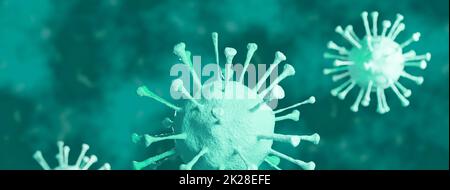 Coronavirus-Ausbruch, mikroskopische Ansicht von Grippevirus-Zellen. 3D-Illustration Stockfoto