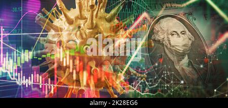 Covid-Krise und der Zusammenbruch der Märkte, wirtschaftliche Folgen. 3d-Illustration Stockfoto