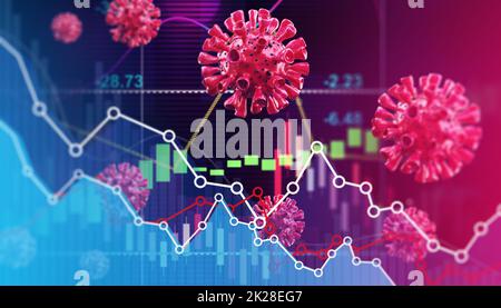 Covid-Krise und der Zusammenbruch der Märkte, wirtschaftliche Folgen. 3d-Illustration Stockfoto