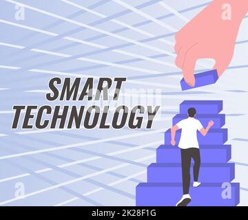 Konzeptunterschrift Smart Technology. Gadgets für Geschäftskonzepte oder Geräte mit integriertem Computer oder Chip Gentleman Climbup Stair Case versucht, Ziele zu erreichen, die den Fortschritt definieren. Stockfoto