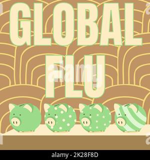 Konzeptionelle Beschriftung Globale Grippe. Geschäftsbeispiele verbreitete übertragbare Krankheiten weltweit Fastly Multiple Piggy Bank Drawing auf einem Tisch mit gestreiftem Hintergrund. Stockfoto