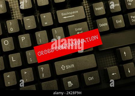 Inspiration mit Zeichen für Kreuzkontamination. Wort für die unbeabsichtigte Übertragung von Bakterien von einer Substanz auf eine andere. Schreiben Online Research Text Analysis, Transkribieren aufgezeichneter Voice-E-Mails Stockfoto