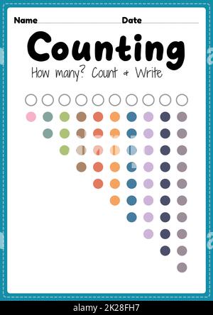Zählarbeitsblatt, math druckbare Blatt für Vorschule und Kindergarten Kinder Aktivität zu lernen grundlegende Mathematik zählen und schreiben Fähigkeiten. Stockfoto