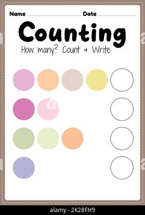 Zählarbeitsblatt, math druckbare Blatt für Vorschule und Kindergarten Kinder Aktivität zu lernen grundlegende Mathematik zählen und schreiben Fähigkeiten. Stockfoto