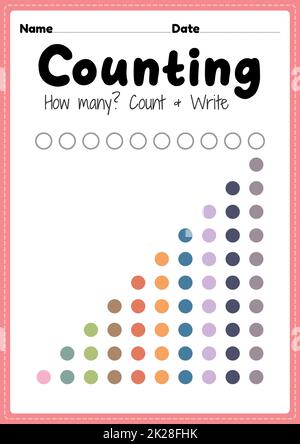 Zählarbeitsblatt, math druckbare Blatt für Vorschule und Kindergarten Kinder Aktivität zu lernen grundlegende Mathematik zählen und schreiben Fähigkeiten. Stockfoto