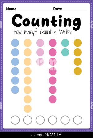 Zählarbeitsblatt, math druckbare Blatt für Vorschule und Kindergarten Kinder Aktivität zu lernen grundlegende Mathematik zählen und schreiben Fähigkeiten. Stockfoto