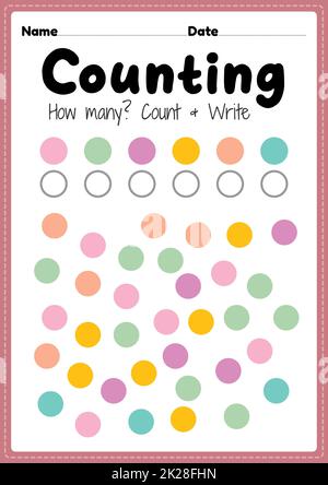 Zählarbeitsblatt, math druckbare Blatt für Vorschule und Kindergarten Kinder Aktivität zu lernen grundlegende Mathematik zählen und schreiben Fähigkeiten. Stockfoto