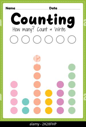 Zählarbeitsblatt, math druckbare Blatt für Vorschule und Kindergarten Kinder Aktivität zu lernen grundlegende Mathematik zählen und schreiben Fähigkeiten. Stockfoto