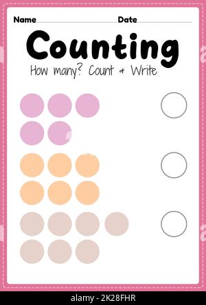 Zählarbeitsblatt, math druckbare Blatt für Vorschule und Kindergarten Kinder Aktivität zu lernen grundlegende Mathematik zählen und schreiben Fähigkeiten. Stockfoto