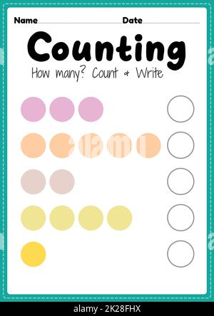 Zählarbeitsblatt, math druckbare Blatt für Vorschule und Kindergarten Kinder Aktivität zu lernen grundlegende Mathematik zählen und schreiben Fähigkeiten. Stockfoto