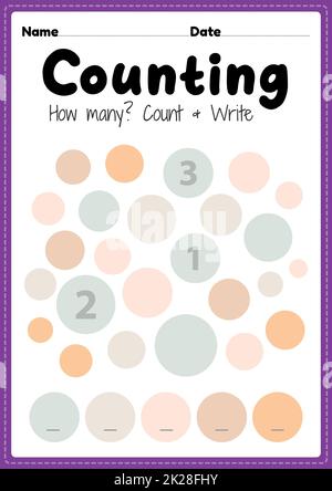 Zählarbeitsblatt, math druckbare Blatt für Vorschule und Kindergarten Kinder Aktivität zu lernen grundlegende Mathematik zählen und schreiben Fähigkeiten. Stockfoto