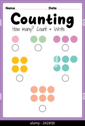 Zählarbeitsblatt, math druckbare Blatt für Vorschule und Kindergarten Kinder Aktivität zu lernen grundlegende Mathematik zählen und schreiben Fähigkeiten. Stockfoto