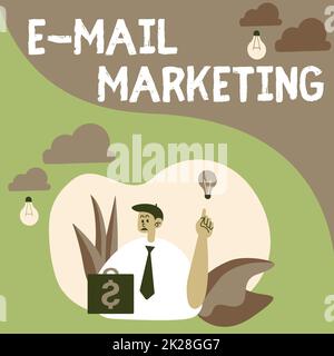 Handschrift Text E-Mail-Marketing. Business Showcase Werbespots an eine Gruppe von Shows senden mit Mail-Mann im Park Luftballons bläst mit Idea Lamp über neue Gedanken nach. Stockfoto