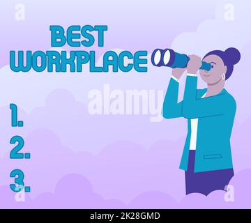 Schreiben mit Anzeige des Textes „Beste Arbeitsumgebung“. Internet Concept das ideale Unternehmen für die Arbeit mit High Compensation stressfreie Frau, die durch ein tragbares Teleskop schaut und neue Möglichkeiten sieht. Stockfoto