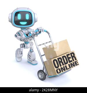 Niedlicher blauer Roboter mit Handwagen Online bestellen Concept 3D Stockfoto