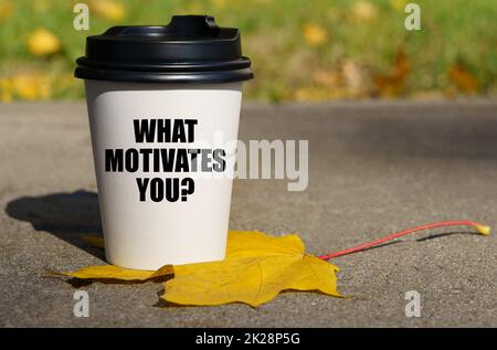 Auf einem gelben Ahornblatt gibt es eine Tasse Kaffee, auf dem geschrieben steht - Was motiviert dich. Geschäftskonzept. Stockfoto