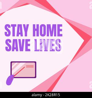 Inspiration mit dem Schild „Stay Home Save Lives“. Geschäftsansatz verringert die Anzahl der infizierten Patienten, indem nicht das Haus Kartenzeichnen mit Hand Zeigen Stick auf kleine Details. Stockfoto