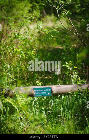 ENSCHEDE, NIEDERLANDE - 8. MAI 2022: Schild, der in niederländischer Sprache sagt: "Empfindlicher Bereich, nicht betreten" (kwetsbaar gebied, niet betreten). Stockfoto