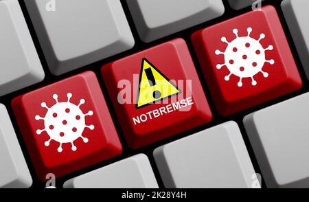 Coronavirus-Symbole auf roter Computertastatur - Emmergeny Break deutsch - 3D-Abbildung Stockfoto