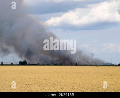Das Feuer ist irgendwo hinter dem gepflügten Feld. Dunkler Rauch von einem Feuer. Stockfoto