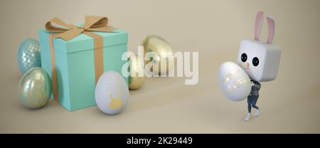 3D Abbildung.Osterhase Kaninchen hält Ei . Webbanner-Format Stockfoto