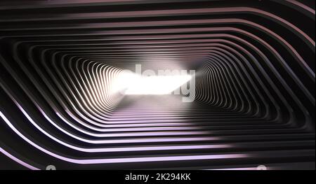 Futuristische architektonische Struktur Tunnel mit Licht im Hintergrund. Stockfoto