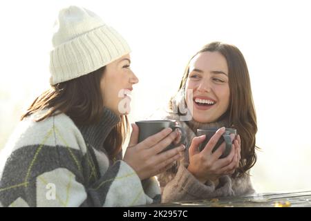 Glückliche Freunde, die im Winter in einem Park trinken und reden Stockfoto