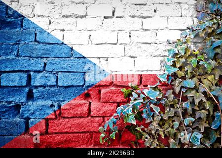 Tschechische Grunge-Fahne auf Backsteinmauer mit Efeu-Pflanze Stockfoto