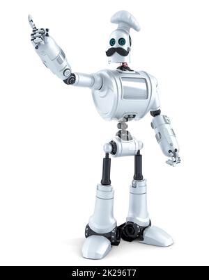 Roboterkoch zeigt auf weißen Hintergrund. 3D Abbildung. Isoliert. Enthält Beschneidungspfad Stockfoto