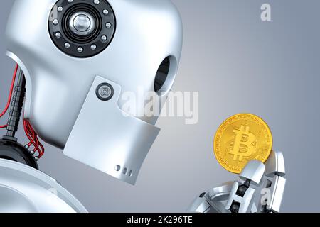 Roboter bitcoin Münze in seine Hände. 3D-Darstellung. Enthält Freistellungspfad Stockfoto
