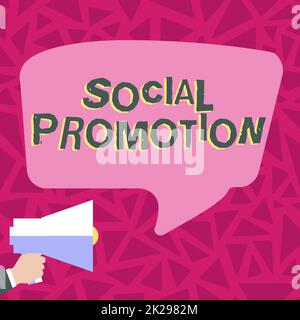 Textzeichen mit Werbung in sozialen Medien. Unternehmensübersicht die Schüler werden in die nächste Klasse befördert, um gemeinsam mit ihren Mitschülern ein Megafon zu sein, das neue wunderbare Ankündigungen an die Öffentlichkeit macht Stockfoto