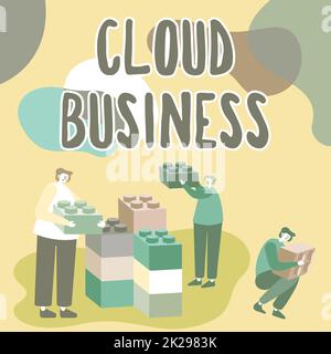 Schreiben mit Anzeige von Text Cloud Business. Ein Wort zum Thema Computing, das auf gemeinsam genutzten Computing-Ressourcen basiert Kollegen zeigen Cube als Vertreter von Teamwork und diskutieren über das zukünftige Projekt. Stockfoto