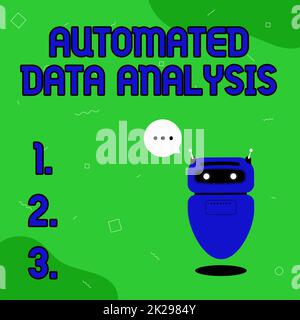 Konzeptionelle Darstellung Automatische Datenanalyse. Ein Wort zur automatischen Entscheidungsfindung basierend auf Big Data Illustration eines niedlichen schwimmenden Roboters, der Informationen in Einer Chat Cloud erzählt. Stockfoto