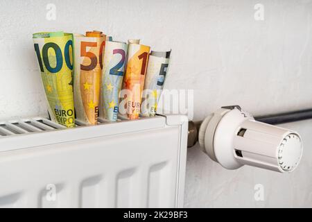 Heizkörper mit Thermostat und Euro-Währung Stockfoto