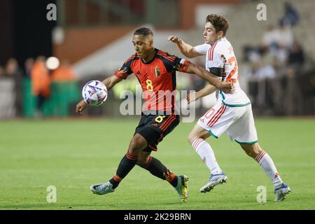 Brüssel, Belgien, 22. September 2022, Belgiens Youri Tielemans und der Waliser Daniel James kämpfen während eines Fußballspiels zwischen der belgischen Nationalmannschaft der Roten Teufel und Wales am Donnerstag, den 22. September 2022 in Brüssel, Spiel 5 (von sechs) in der Nations League A-Gruppenphase. BELGA FOTO BRUNO FAHY Stockfoto