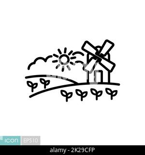 Ländliche Landschaft mit Windmühlen-Symbol Stockfoto