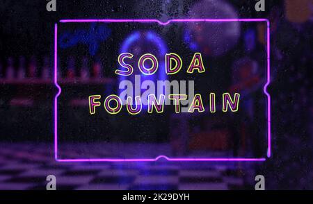 Soda Fountain Neon Schild in Rainy Window Stockfoto